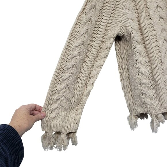 Le Lis Cream Cable Knit Cropped Sweater Fringe Distressed Frayed Tan Neutral - Picture 8 of 9